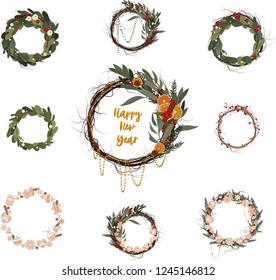 Clip art of 9 wreaths for background for invitation, post card.  6 botanical wedding winter wreaths with fir, willow, apples and mistletoe and 3 sweet gingerbread decorations