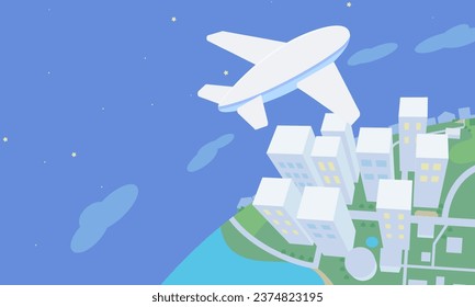 Clip art of airplane flying over the city at night