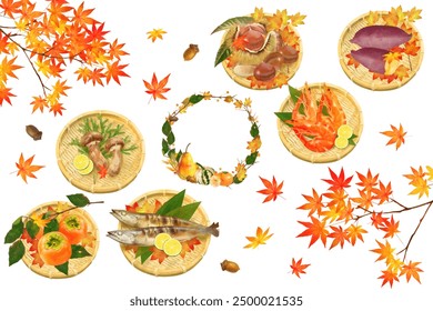 Clip art of autumn taste series set of fruits and vegetables and nuts, and basket and autumn maple leaves.