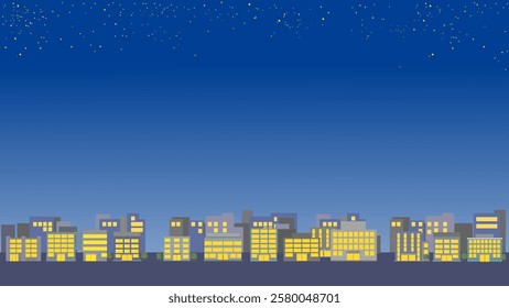 Clip art background of cityscape of buildings at night.