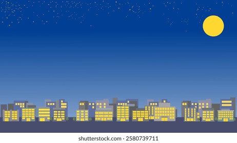 Clip art background of cityscape of buildings at night.