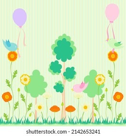 Clip art background of forest and birds in bloom of poppy flowers