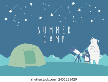 Clip art background of white bear and penguin observing celestial bodies