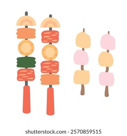 Clip art of barbecue food and marshmallow on a skewer