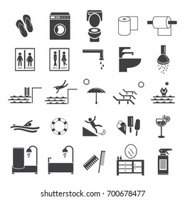 Clip art bathroom and swimming pool black vector icons isolated on white background