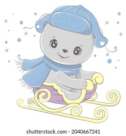 Clip art bear. Illustration of a bear in a hat on a sled, in winter. Cute bear for kids activity t shirt print, icon, logo, label, patch or stickers. Animal vector illustration.