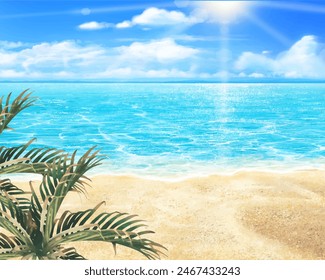 clip art of beautiful frame of blue sky, palm tree and sea with sandy beach and blurred clouds in summer.