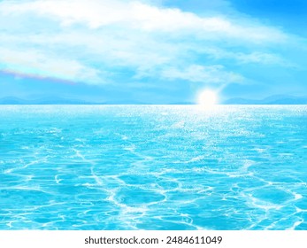 clip art of beautiful frame of blue sky with fresh summer clouds and shimmering waves of the sea and rainbow.
