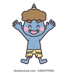 Clip art of blue ogre laughing with both hands raised