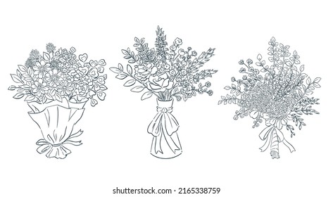 Clip art of bouquet. Bouquet, flowers in vase, hand drawing of dreiflower. Illustration for decoration. Line drawing.