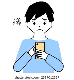 Clip art of boy anxious about smartphone screen