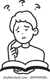 clip art of boy having trouble reading and understanding a difficult book, line art.
