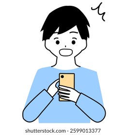 Clip art of a boy surprised to see the screen of a cell phone.