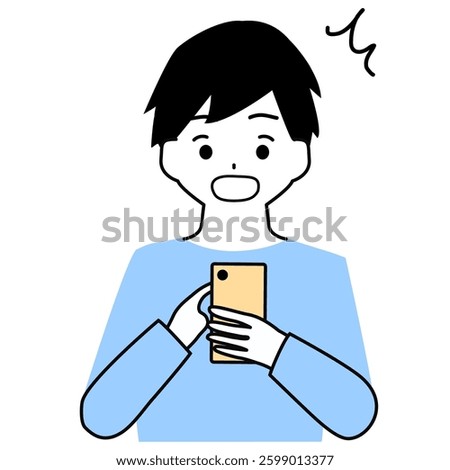 Clip art of a boy surprised to see the screen of a cell phone.