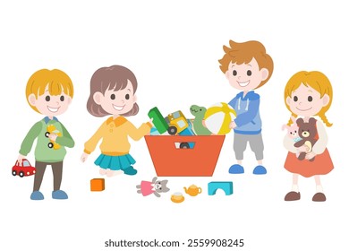 Clip art of boys and girls putting away toys