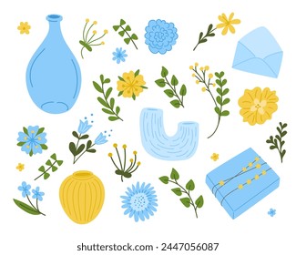 Clip art with branches, flowers and modern vases. Doodle bright leaves, flowers, vases, gift box and envelope on white background. Ideal for decoration, stickers, greetings, banner and background