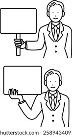 Clip art of businessman with whiteboard, line drawing.