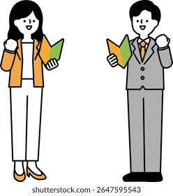 Clip-art de um empresário segurando uma marca de iniciante e posando com coragem