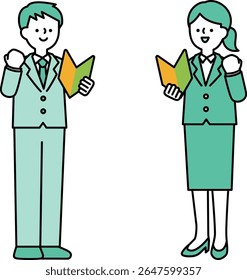 Clip-art de um empresário segurando uma marca de iniciante e posando com coragem