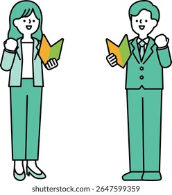 Clip-art de um empresário segurando uma marca de iniciante e posando com coragem