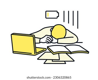 Clip art of businessperson who plops down at the desk because of fatigue. Clip art of a man who falls asleep at his office because he is too busy.