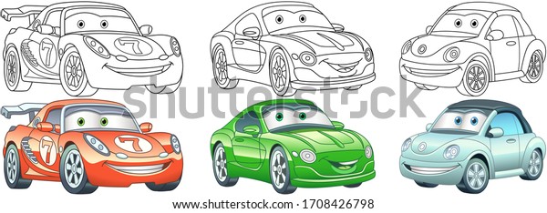 Clip art cars. Transport set for kids\
activity coloring book, t shirt print, icon, logo, label, patch or\
sticker. Vector\
illustration.