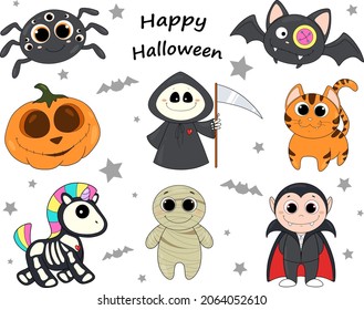 Clip art of cartoon Halloween characters. Black spider, pumpkin jack, unicorn skeleton, mummy, death with a scythe, vampire dracula, red witch cat, bat. Vector of the Day of the dead. Isolated drawing