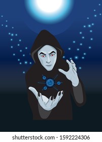 Clip art cartoon illustration of a wizard making magic with an atom
