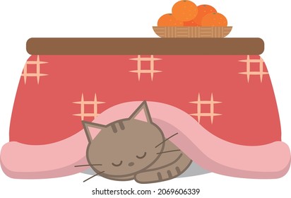 Imágenes prediseñadas del gato durmiendo bajo kotatsu