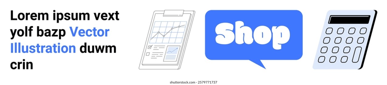 Clip art and chart in clipboard with a graph, a calculator, and a blue Shop button. Ideal for e-commerce, business, finance, sales analytics, and digital marketing. Banner for landing page