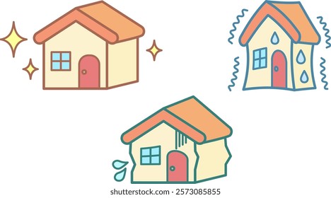 Clip art of cheerful house and trembling house and crying house