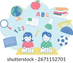 Clip art of child studying, cram school, and school education for elementary school students_children