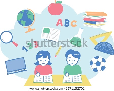 Clip art of child studying, cram school, and school education for elementary school students_children's enrollment, admission, and new term scene, etc.