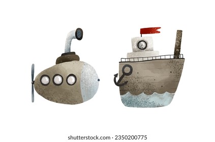 clip art with childish hand painted boats, ships, water transport. Cute illustration on white background, kids art. Ocean travelling