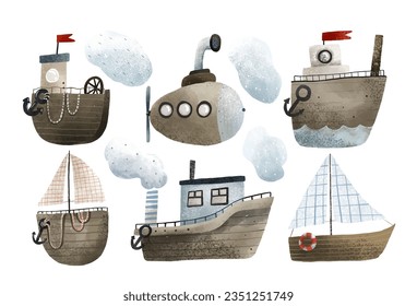 clip art with childish hand painted boats, ships, water transport. Cute illustration on white background, kids art. Ocean travelling