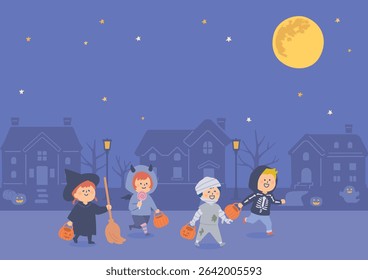 Clip art of children wearing Halloween costumes and walking around town at night
