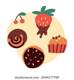 clip art with chocolate product. Celebration of World Chocolate Day with this images. Perfect for social media posts, candy shop. Chocolate candy, cakes, pastries. Delicious food