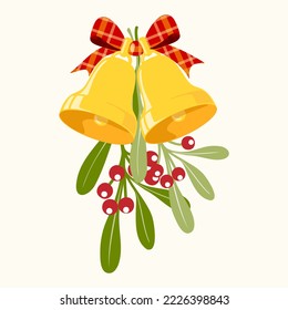 Clip art of Christmas bells with mistletoe branches, leaves and red berries. Holiday illustration on isolated background for Christmas decoration and celebration of winter, Christmas or New Year.