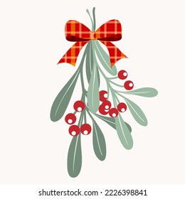 Clip art of Christmas mistletoe branches, leaves and red berries. Holiday illustration on isolated background for Christmas decoration and celebration of winter, Christmas or New Year.