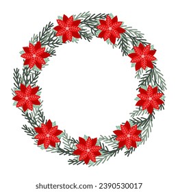 Clip d'illustration de poinsettia et de couronne de sapin sur fond blanc isolé. Formes de forêt rétro. Design pour la décoration de la maison de Noël, les salutations de vacances, Noël et la célébration du Nouvel An. 