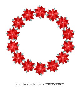 Clip d'art de la couronne de fleur de Noël poinsettia sur fond blanc isolé. Formes de forêt rétro. Design pour la décoration de la maison de Noël, les salutations de vacances, Noël et la célébration du Nouvel An. 