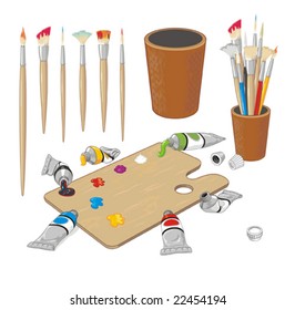 Clip art collection with brushes, palette, paint tubes and cup. No gradient fills. Easy to customize.