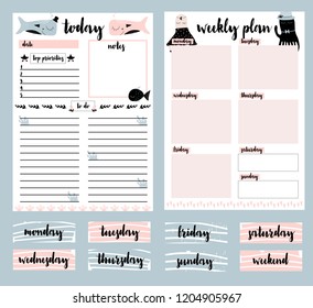 Clip art, collection of daily planner, weekly planner, monday, tuesday, wednesday, thursday, friday, sunday, saturday, weekend signs. Vector illustration