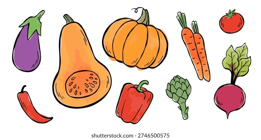 Clip art collection of different vegetables. Eggplant, pumpkins, chili pepper, bell pepper, carrots, tomato, artichoke, beetroot. Vector sketch line illustration with watercolor stains.