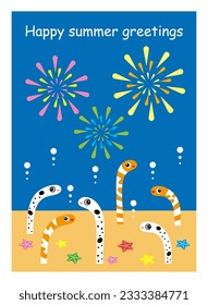 Clip art of colorful fireworks and cute Spotted garden eel and western garden eels. Summer greeting card template design vector.