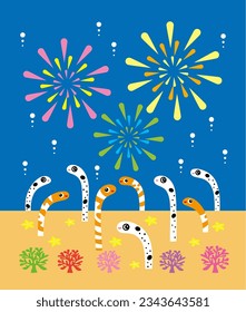 Clip art of colorful fireworks and cute Spotted garden eel and western garden eels.  Summer Image Design. Vector.