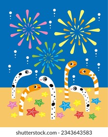 Clip art of colorful fireworks and cute Spotted garden eel and western garden eels.  Summer Image Design. Vector.