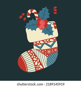 Сhristmas clip art with colorful sock, mistletoe, berries, candy. Isolated vector illustration in flat style for greeting card, new year’s invitation, winter holiday stickers.