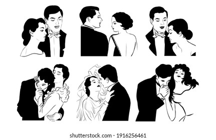 Clip art couple in love. Man and woman. Husband and wife. Hand drawn graphic Decor vector for wedding invitation, Valentine's Day