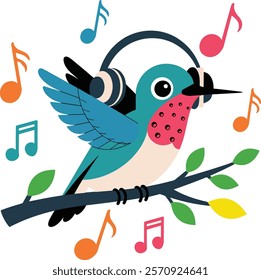 clip art, cut out, flying, no people, transparent, art, illustration, A vibrant flat vector illustration of a hummingbird wearing headphones perched on a branch, surrounded by colorful musical notes.